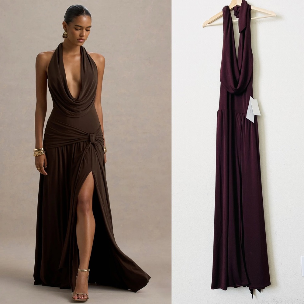 Club L London Deep Brown Halter Maxi Dress - Mist